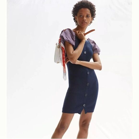 Maeve Dresses & Skirts - NEW Maeve By Anthropologie Navy Blue Rib Knit Short Puff Sleeves Sweater Dress M